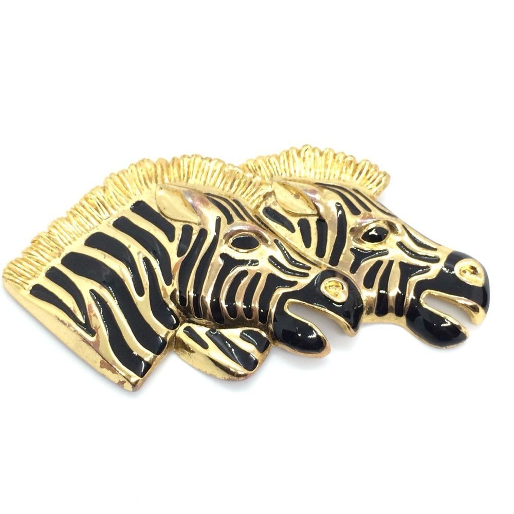 VINTAGE 80S GOLD TONE ZEBRA HEAD HEADS BROOCH PIN LARGE STATEMENT ANIMAL